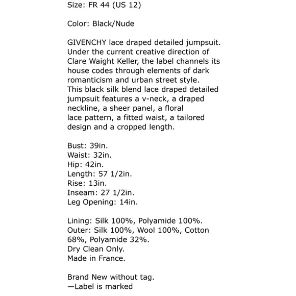 🖤 GIVENCHY Romantic Lace Draped Jumpsuit 44/12 - Picture 12 of 12